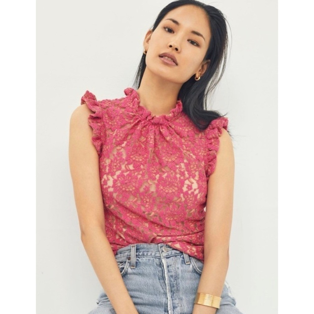 Anthropologie Dolan Left Coast Pink Lace Ruffle Neck Tank Top Women's Small